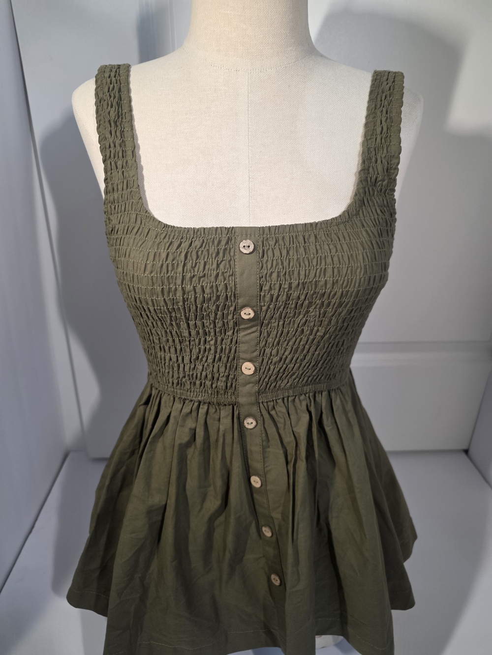 Olive Smocked Button-Front Women’s Tank Top